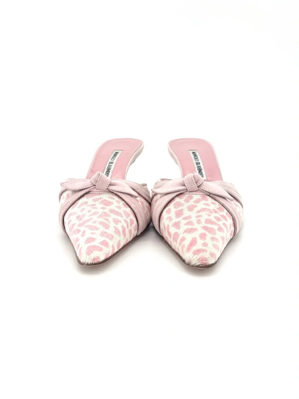 Manolo Blahnik Bow Pink Leopard Print Ponyhair Pointed Toe Kitten Heel Mules 41 - Picture 3 of 11